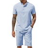 image:imageCOOFANDY Mens 2 Pieces Set Short Sleeve Henley Shirts and Shorts Set Texture Summer Beach Vacation OutfitsAflecking Blue