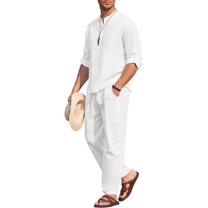 image:imageCOOFANDY Mens 2 Piece Cotton Linen Set Casual Beach Outfits Long SleeveAll White