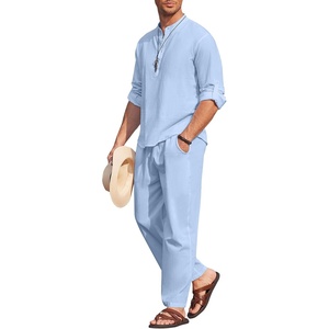 image:imageCOOFANDY Mens 2 Piece Cotton Linen Set Casual Beach Outfits Long SleeveBlue