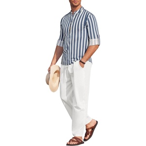 image:imageCOOFANDY Mens 2 Piece Cotton Linen Set Casual Beach Outfits Long SleeveBlue Striped