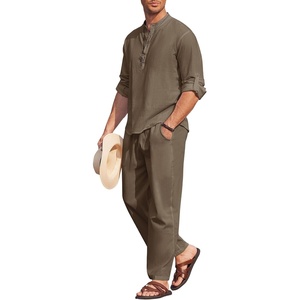 image:imageCOOFANDY Mens 2 Piece Cotton Linen Set Casual Beach Outfits Long SleeveBrown
