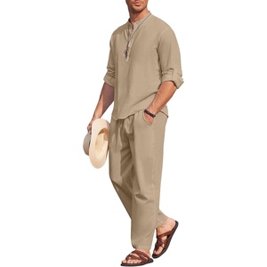 image:imageCOOFANDY Mens 2 Piece Cotton Linen Set Casual Beach Outfits Long SleeveKhaki