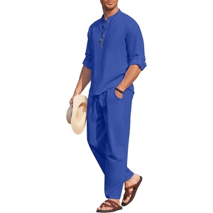 image:imageCOOFANDY Mens 2 Piece Cotton Linen Set Casual Beach Outfits Long SleeveRoyal Blue