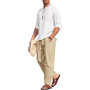 image:imageCOOFANDY Mens 2 Piece Cotton Linen Set Casual Beach Outfits Long SleeveWhite  Khaki