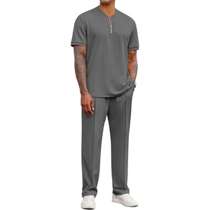 image:imageCOOFANDY Mens 2 Piece Outfit Quarter Zip Short Sleeve Top amp Pants SetDark Grey