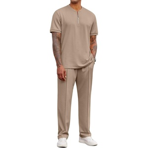 image:imageCOOFANDY Mens 2 Piece Outfit Quarter Zip Short Sleeve Top amp Pants SetKhaki