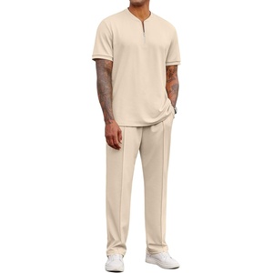 image:imageCOOFANDY Mens 2 Piece Outfit Quarter Zip Short Sleeve Top amp Pants SetLight Khaki