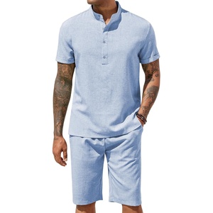 image:imageCOOFANDY Mens 2 Pieces Set Short Sleeve Henley Shirts and Shorts Set Texture Summer Beach Vacation OutfitsAflecking Blue