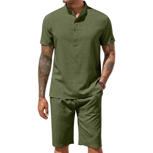 image:imageCOOFANDY Mens 2 Pieces Set Short Sleeve Henley Shirts and Shorts Set Texture Summer Beach Vacation OutfitsArmy Green