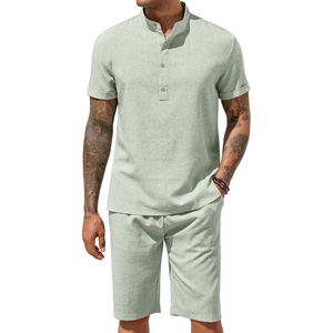 image:imageCOOFANDY Mens 2 Pieces Set Short Sleeve Henley Shirts and Shorts Set Texture Summer Beach Vacation OutfitsLight Green
