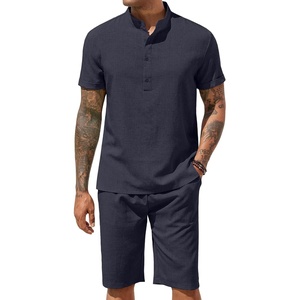 image:imageCOOFANDY Mens 2 Pieces Set Short Sleeve Henley Shirts and Shorts Set Texture Summer Beach Vacation OutfitsNavy Blue