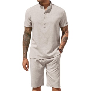 image:imageCOOFANDY Mens 2 Pieces Set Short Sleeve Henley Shirts and Shorts Set Texture Summer Beach Vacation OutfitsStone