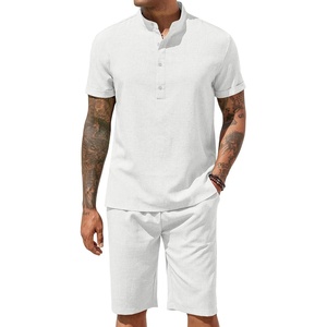 image:imageCOOFANDY Mens 2 Pieces Set Short Sleeve Henley Shirts and Shorts Set Texture Summer Beach Vacation OutfitsWhite
