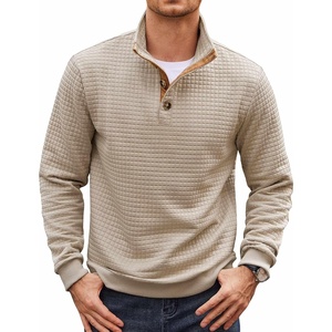 image:imageCOOFANDY Mens Quarter Button Sweatshirt Long Sleeve Pullover Waffle Casual Stand Collar SweaterLight Khaki