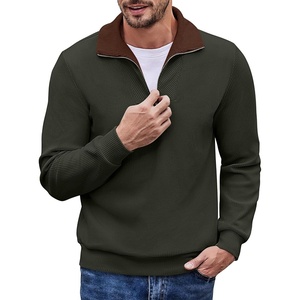image:imageCOOFANDY Mens Soft Quarter Zip Pullover Mock Neck Corduroy SweatshirtArmy Green With Brown Collar