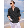 image:imageCOOFANDY Mens Cotton Linen Henley TShirts Long Sleeve Casual Beach ShirtsBlack