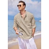 image:imageCOOFANDY Mens Cotton Linen Henley TShirts Long Sleeve Casual Beach ShirtsKhaki