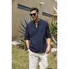 image:imageCOOFANDY Mens Cotton Linen Henley TShirts Long Sleeve Casual Beach ShirtsNavy Blue