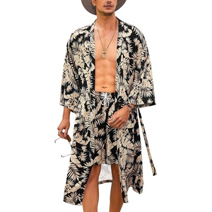 image:imageCOOFANDY Men Lightweight 2 Piece Kimono Robe with Shorts Japanese Robes Casual Open Front Long Cardigan With BeltBlack Leaves