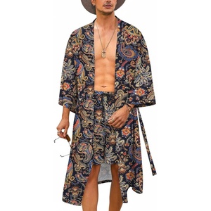 image:imageCOOFANDY Men Lightweight 2 Piece Kimono Robe with Shorts Japanese Robes Casual Open Front Long Cardigan With BeltNavy Bluecashew Flowers
