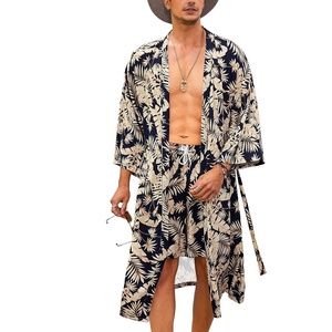 image:imageCOOFANDY Men Lightweight 2 Piece Kimono Robe with Shorts Japanese Robes Casual Open Front Long Cardigan With BeltNavy Blueleaves
