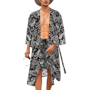 image:imageCOOFANDY Men Lightweight 2 Piece Kimono Robe with Shorts Japanese Robes Casual Open Front Long Cardigan With BeltWhitecashew Flowers