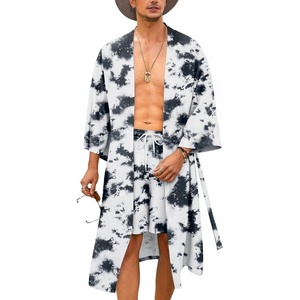 image:imageCOOFANDY Men Lightweight 2 Piece Kimono Robe with Shorts Japanese Robes Casual Open Front Long Cardigan With BeltWhitetie Dye