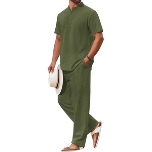 image:imageCOOFANDY Mens 2 Piece Cotton Linen Sets Beach Outfits Pants and Shirt SetZarmy Green