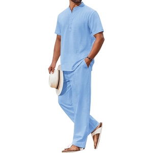 image:imageCOOFANDY Mens 2 Piece Cotton Linen Sets Beach Outfits Pants and Shirt SetZblue