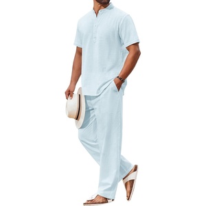 image:imageCOOFANDY Mens 2 Piece Cotton Linen Sets Beach Outfits Pants and Shirt SetZlight Blue