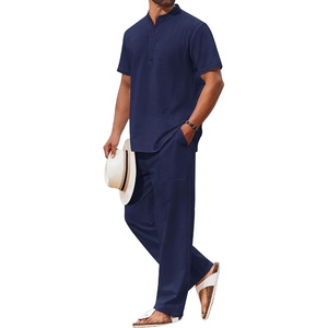 image:imageCOOFANDY Mens 2 Piece Cotton Linen Sets Beach Outfits Pants and Shirt SetZnavy Blue
