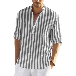 image:imageCOOFANDY Mens Cotton Linen Henley TShirts Long Sleeve Casual Beach ShirtsBlack White Striped