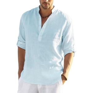 image:imageCOOFANDY Mens Cotton Linen Henley TShirts Long Sleeve Casual Beach ShirtsBlue