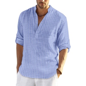 image:imageCOOFANDY Mens Cotton Linen Henley TShirts Long Sleeve Casual Beach ShirtsBlue Striped