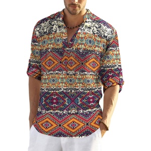 image:imageCOOFANDY Mens Cotton Linen Henley TShirts Long Sleeve Casual Beach ShirtsGeometric