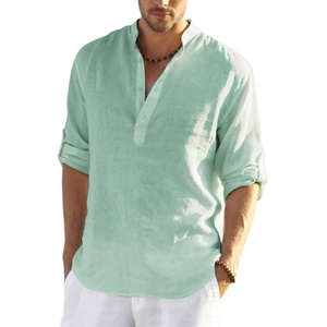 image:imageCOOFANDY Mens Cotton Linen Henley TShirts Long Sleeve Casual Beach ShirtsGreen