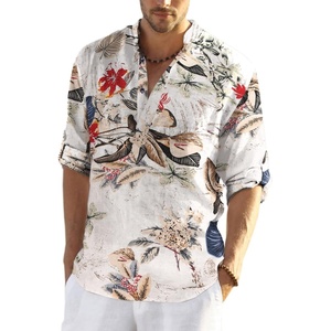 image:imageCOOFANDY Mens Cotton Linen Henley TShirts Long Sleeve Casual Beach ShirtsKhaki Floral