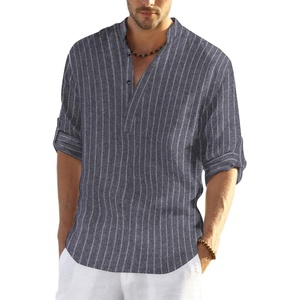 image:imageCOOFANDY Mens Cotton Linen Henley TShirts Long Sleeve Casual Beach ShirtsNavy Striped