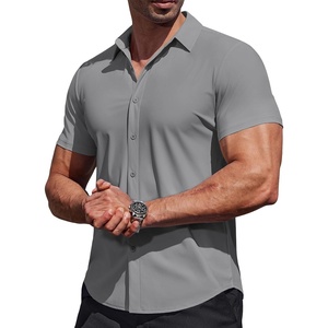 image:imageCOOFANDY Mens Muscle Fit Dress Shirts Stretch Wrinkle Free Short Sleeve Button Down Shirt Casual Solid Untucked ShirtLight Grey