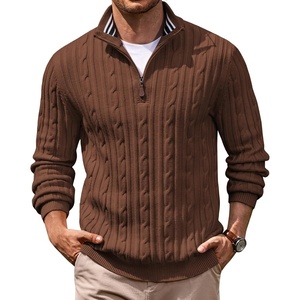 image:imageCOOFANDY Mens Quarter Zip Pullover Cable Knit Mock Neck Dress SweaterBrown