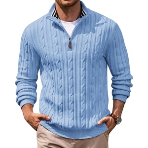 image:imageCOOFANDY Mens Quarter Zip Pullover Cable Knit Mock Neck Dress SweaterLight Blue