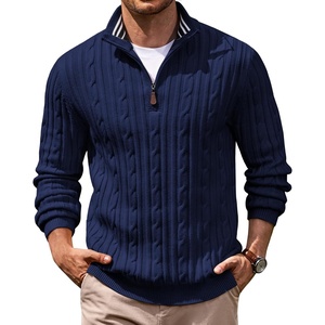 image:imageCOOFANDY Mens Quarter Zip Pullover Cable Knit Mock Neck Dress SweaterNavy Blue