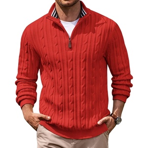 image:imageCOOFANDY Mens Quarter Zip Pullover Cable Knit Mock Neck Dress SweaterRed