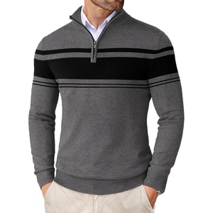 image:imageCOOFANDY Mens Quarter Zip Up Sweaters Slim Fit Lightweight Mock PulloverDark Heather Grey  Black Stripe