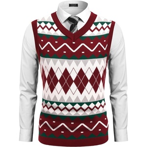 image:imageCOOFANDY Mens Sleeveless V Neck Pullover Sweater Argyle Knit Vest SweatersGz981 Red and White Plaid