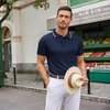 image:imageCOOFANDY Mens Knit Polo Shirts Casual Short Sleeve Button Down Polo ShirtEnavy Blue White Striped