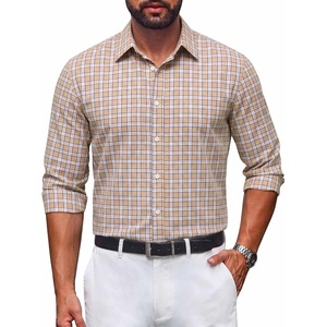 image:imageCOOFANDY Mens Button Down Long Sleeve Plaid Cotton Wrinkle Free Dress ShirtKhaki