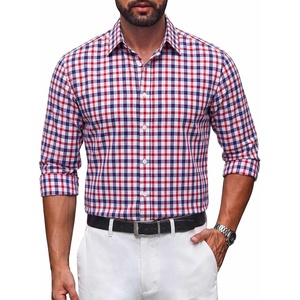 image:imageCOOFANDY Mens Button Down Long Sleeve Plaid Cotton Wrinkle Free Dress ShirtRed  Check