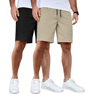 image:imageCOOFANDY Mens Casual Shorts Cotton Elastic Waist Drawstring Summer Shorts2 Pack  Black  Light Khaki