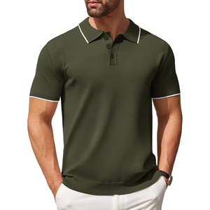 image:imageCOOFANDY Mens Knit Polo Shirts Casual Short Sleeve Button Down Polo ShirtEarmy Green White Striped